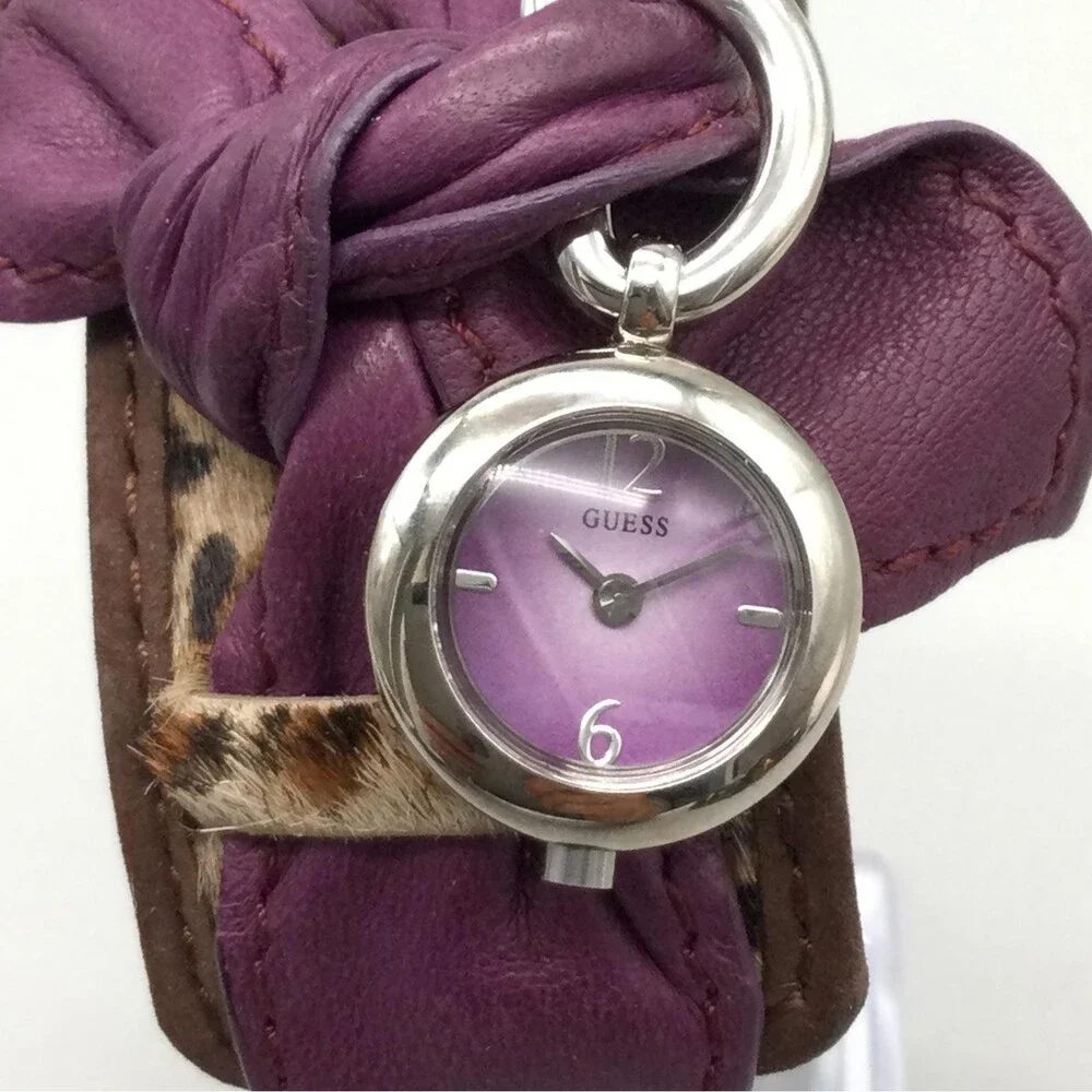 Guess Womens Watch 20mm Purple Dial Charm Bow Leather G95111L New Battery